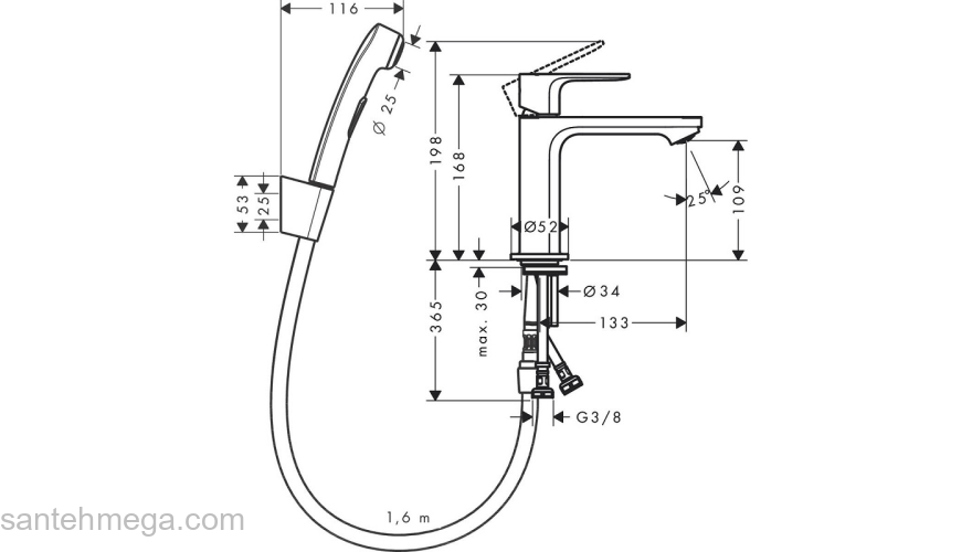 72216000 HANSGROHE  Rebris E смеситель для раковины 110, с гигиеническим душем. Фото