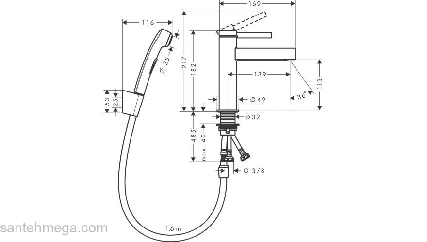 76210000 HANSGROHE  Finoris смеситель для раковины 110, с гигиеническим душем. Фото