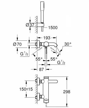 GROHE 33628001 Essence+ Смеситель однорычажный для ванны с душевым гарнитуром. Фото