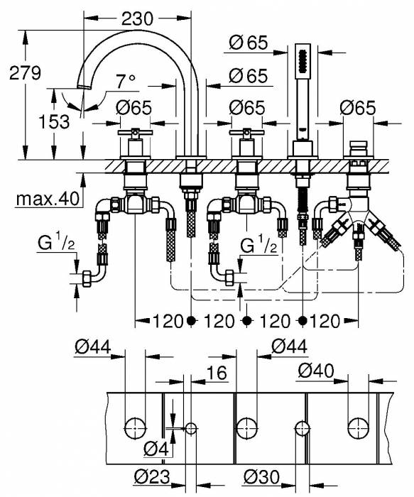 GROHE 19923AL3 Atrio New Комлект для ванны на 5 отверстий (смеситель двухвентильный, круглый излив, крестообразные ручки, ручной душ, переключатель), Графит. Фото