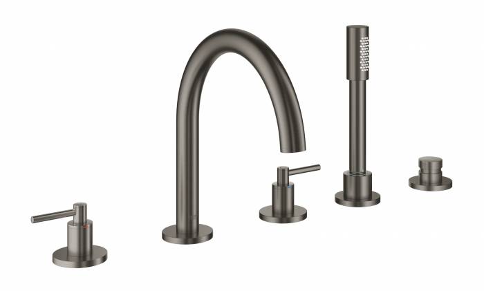 GROHE 19922AL3 Atrio New Комлект для ванны на 5 отверстий (смеситель двухвентильный, круглый излив, рукоятки-рычаги,  ручной душ, переключатель), Графит. Фото