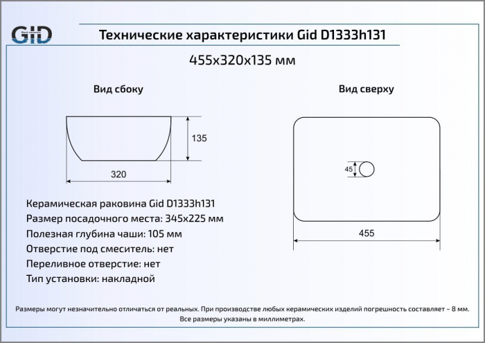 Раковина накладная GID D1333h131 46х32 53326 Белый / Хром. Фото