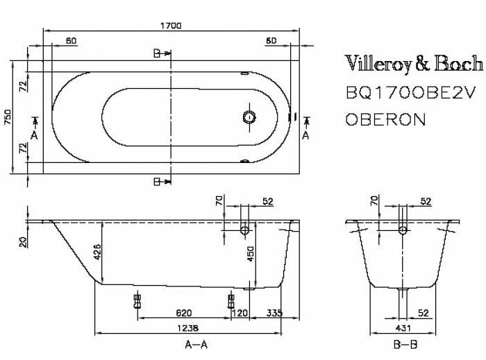 Ванна Villeroy&Boch Oberon BQ170OBE2V-01 170х75. Фото